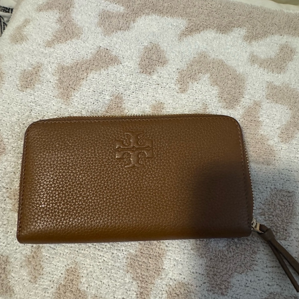 Tory Burch Chestnut Pebbled Leather Zip Wallet